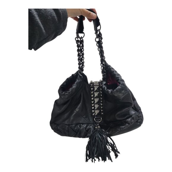 Betsey Johnson Whips & Studs 100% Lambskin Hobo Matte black Shoulder Bag Punk - Picture 2 of 12